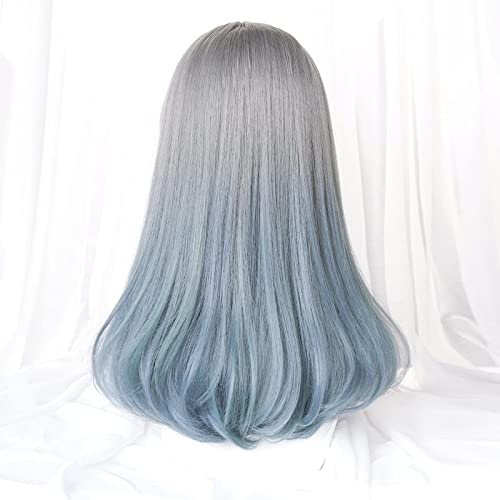 Seupeak Aplicar a Rosa Ombre Azul Azul Larga Lolita con Bangs Mujeres Rainbow Natural Sintético Rizado for Cosplay de Fiesta o Uso Diario (Color : Gray Ombre Blue)