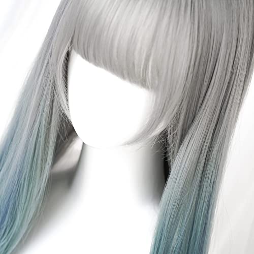 Seupeak Aplicar a Rosa Ombre Azul Azul Larga Lolita con Bangs Mujeres Rainbow Natural Sintético Rizado for Cosplay de Fiesta o Uso Diario (Color : Gray Ombre Blue)