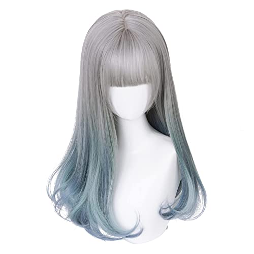 Seupeak Aplicar a Rosa Ombre Azul Azul Larga Lolita con Bangs Mujeres Rainbow Natural Sintético Rizado for Cosplay de Fiesta o Uso Diario (Color : Gray Ombre Blue)