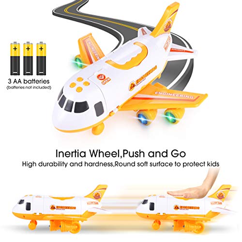 SHANNA Juego Aviones Vehículos,Juego Juguetes Educativos VehíCulos con Ruedas Inercia,1 AvióN Grande,4 Autos Aleación para Niños Mayores 3 Años (Vehículos Construcción-Amarillo)