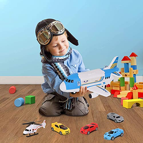 Shayson Transport Cargo Airplane Car Toy Play Set para niños y niñas de 3 años o más, Viene con 4 Autos, 1 helicóptero, Juguete Preescolar de Bricolaje para niños (Azul)