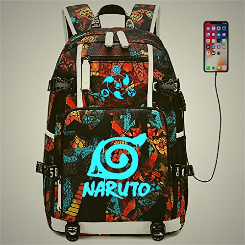 Siawasey - Mochila para el colegio con diseño de anime/cosplay de Naruto (clan Uzumaki, clan Uchiha). Mochila luminosa con puerto de carga USB