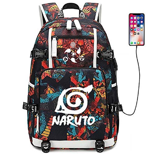 Siawasey - Mochila para el colegio con diseño de anime/cosplay de Naruto (clan Uzumaki, clan Uchiha). Mochila luminosa con puerto de carga USB