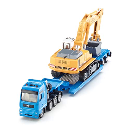 siku 1847 Transportador carga pesada con excavadora, Semirremolque desmontable, 1:87, Metal/Plástico, Azul/Amarillo