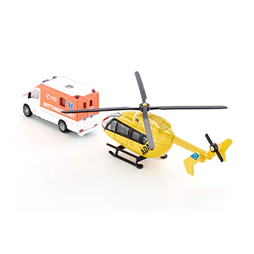 siku 1850 Set de vehículos de rescate con helicóptero y ambulancia, Neumáticos de goma, Rotores giratorios, 1:87, Metal/Plástico, Multicolor