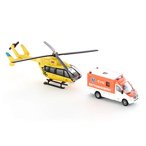 siku 1850 Set de vehículos de rescate con helicóptero y ambulancia, Neumáticos de goma, Rotores giratorios, 1:87, Metal/Plástico, Multicolor