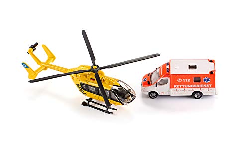 siku 1850 Set de vehículos de rescate con helicóptero y ambulancia, Neumáticos de goma, Rotores giratorios, 1:87, Metal/Plástico, Multicolor