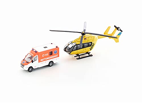 siku 1850 Set de vehículos de rescate con helicóptero y ambulancia, Neumáticos de goma, Rotores giratorios, 1:87, Metal/Plástico, Multicolor