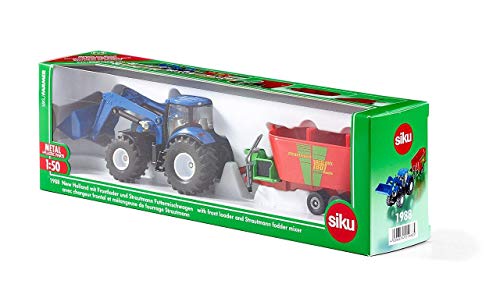 SIKU 1988, Tractor New Holland con cargador frontal y mezcladora de pienso Strautmann, 1:50, Multifuncional, Metal/Plástico, Azul