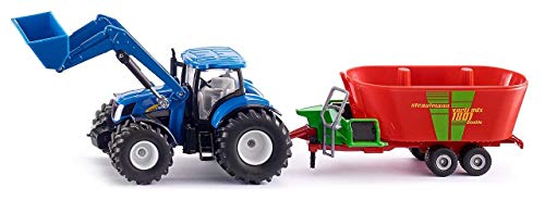 SIKU 1988, Tractor New Holland con cargador frontal y mezcladora de pienso Strautmann, 1:50, Multifuncional, Metal/Plástico, Azul