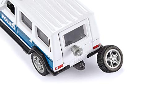 siku 2308 Coche policía Mercedes AMG G65 con enganche remolque, Ruedas desmontables, 1:50, Metal/Plástico, Azul/Blanco