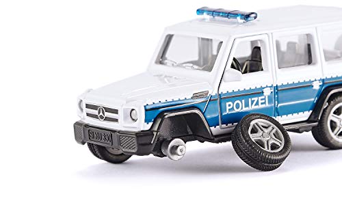 siku 2308 Coche policía Mercedes AMG G65 con enganche remolque, Ruedas desmontables, 1:50, Metal/Plástico, Azul/Blanco