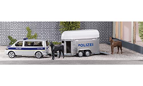 siku 2310 Coche de policía con remolque para caballos, Incl. 2 caballos de juguete, Remolque desmontable, 1:55, Metal/Plástico, Plateado/Azul