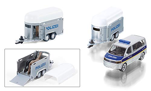 siku 2310 Coche de policía con remolque para caballos, Incl. 2 caballos de juguete, Remolque desmontable, 1:55, Metal/Plástico, Plateado/Azul