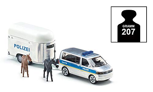 siku 2310 Coche de policía con remolque para caballos, Incl. 2 caballos de juguete, Remolque desmontable, 1:55, Metal/Plástico, Plateado/Azul