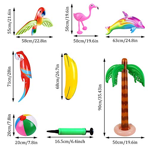 SIMUR 8 Piezas de Juguete Inflable de Palmeras con flamencos, Bolas de Playa de plátano inflables, delfín Loro Volador para Fiesta de Hawaii, decoración de Fiesta de Luau, telón de Fondo