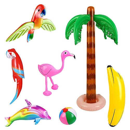 SIMUR 8 Piezas de Juguete Inflable de Palmeras con flamencos, Bolas de Playa de plátano inflables, delfín Loro Volador para Fiesta de Hawaii, decoración de Fiesta de Luau, telón de Fondo