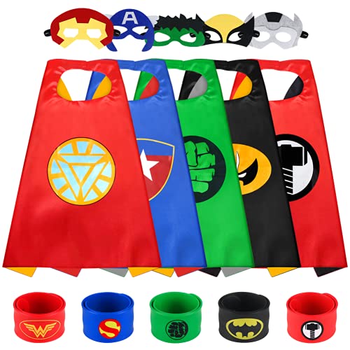 Sinoeem Capa de Superhéroe para Niños - 5 Capa y 5 Máscaras - Ideas Kit de Valor de Cosplay de Diseño de Fiesta de Cumpleaños de Navidad - Juguetes para Niños y Niñas