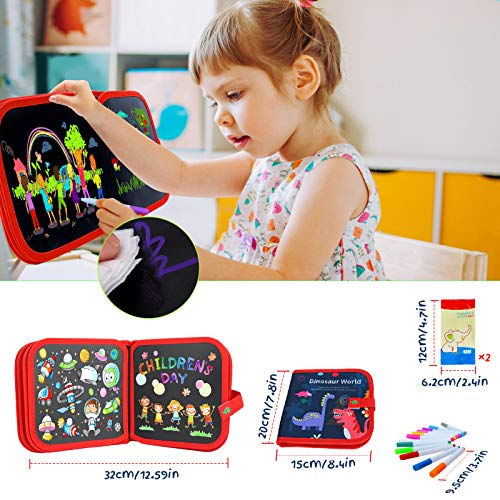 Sinwind Pizarra Portatil Infantil Tabla de Dibujo Portátil para Niños, Tablero de Dibujo de Graffiti, Libros Blandos de Pizarra Reutilizable, con 12 Plumas de Colores 14 Página (Dinosaurios)