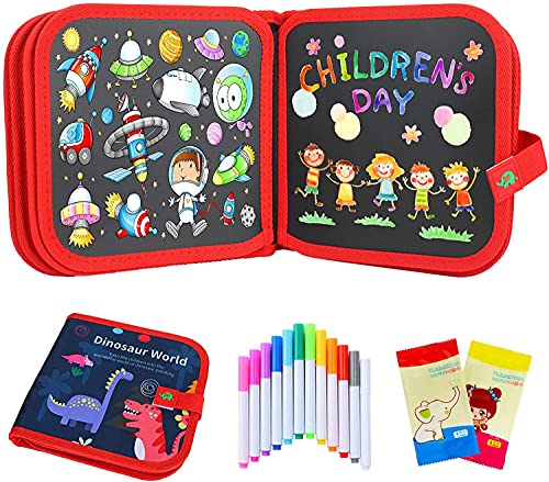 Sinwind Pizarra Portatil Infantil Tabla de Dibujo Portátil para Niños, Tablero de Dibujo de Graffiti, Libros Blandos de Pizarra Reutilizable, con 12 Plumas de Colores 14 Página (Dinosaurios)