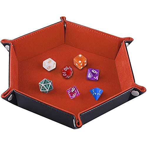 SIQUK Tablero de Dados Bandeja de Dados, Plegable de Cuero de Hexagonal de la PU y Soporte de Dados de Terciopelo Naranja para Mazmorras y Dragones Juegos de Dados RPG D & D y Otros Juegos de Mesa