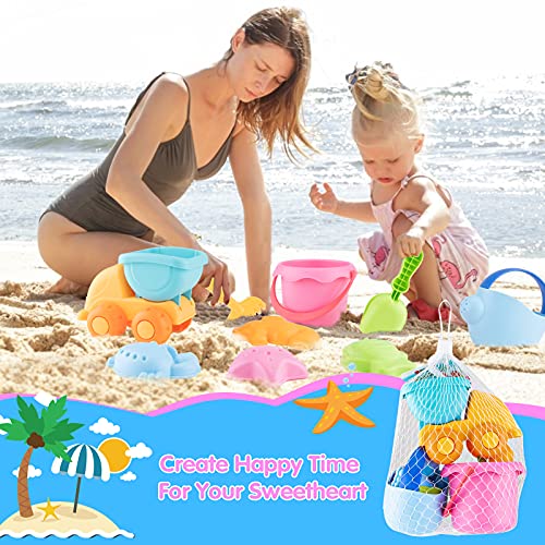 Sirecal Juguetes de Playa para Niños - Sirecal 10 Pcs Juguetes Arena Playa con Bolsa de Malla Camion Cubo Palas Rastrillo Moldes Arena Juegos Playa para Chico Niña (Color Aleatorio)