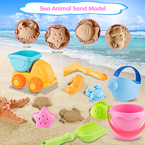 Sirecal Juguetes de Playa para Niños - Sirecal 10 Pcs Juguetes Arena Playa con Bolsa de Malla Camion Cubo Palas Rastrillo Moldes Arena Juegos Playa para Chico Niña (Color Aleatorio)