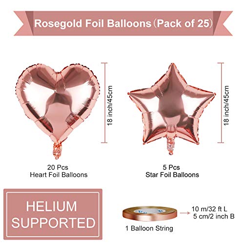 SKYIOL Globos de Papel de Aluminio con Forma de Corazón Estrella Oro Rosa 25 unidades 45 cm, Globos Grandes con 10m Cinta para Bodas Cumpleaños Compromisos Fiestas Decoraciones