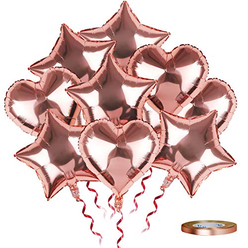 SKYIOL Globos de Papel de Aluminio con Forma de Corazón Estrella Oro Rosa 25 unidades 45 cm, Globos Grandes con 10m Cinta para Bodas Cumpleaños Compromisos Fiestas Decoraciones