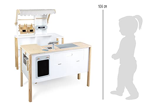 Small Foot 11436 - Tienda de compra multifuncional, de madera, con accesorios y se puede utilizar como cocina, juguete a partir de 3 años, multicolor , color/modelo surtido