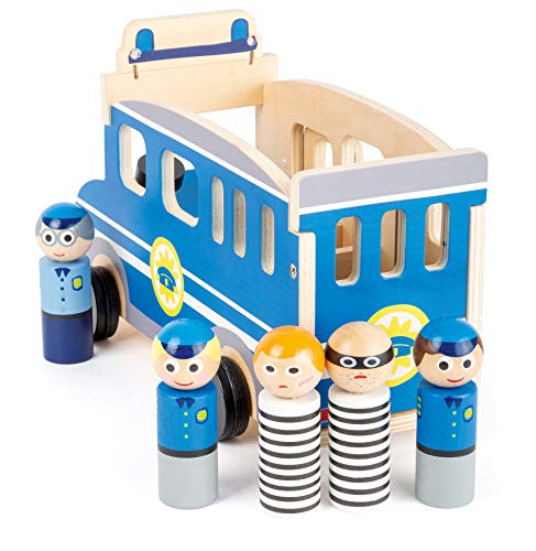 small foot company - 11459 Autobús Grande de Madera de la policía, con Figuras de Juego y Mucho Espacio para pasajeros y Ladrones Juguetes, Multicolor (11459)