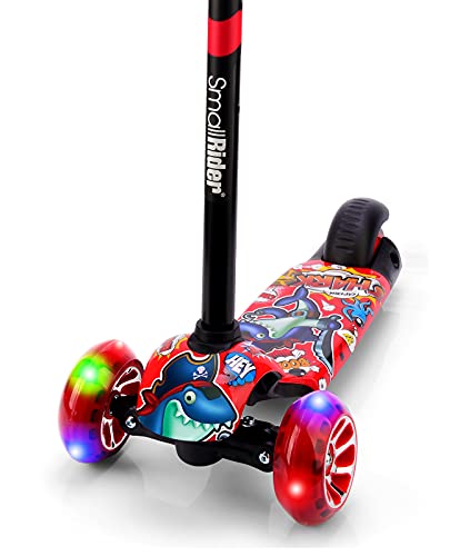 Small Rider Turbo Cartoons, Patinete de 3 Ruedas con Dibujos Animados, Ruedas Anchas con luz LED, Plegable, Ajustable en Altura, Carga máxima 70 kg, Niños y niñas 3 a 8 años (Rojo)