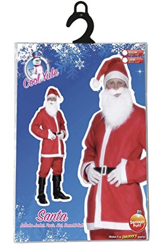 Smiffy's-20841L Santa Disfraz de Papá Noel, con chaqueta, pantalón, barba, gorro y cinturón, color rojo, L-Tamaño 42"-44" (20841L)