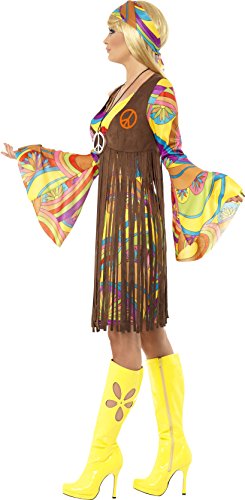 Smiffys-35531L Hippies Chica estupenda de los 60, con Vestido, Chaleco Estampado y Banda para el Pelo, Color marrón, L-EU Tamaño 44-46 (Smiffy'S 35531L)