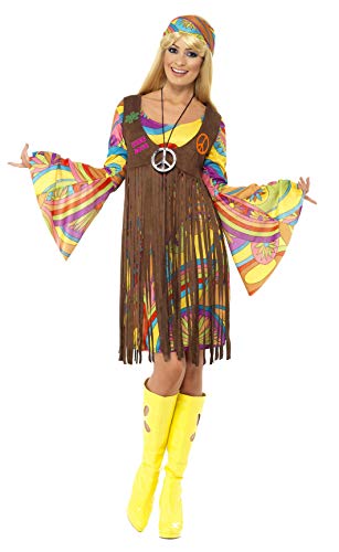 Smiffys-35531L Hippies Chica estupenda de los 60, con Vestido, Chaleco Estampado y Banda para el Pelo, Color marrón, L-EU Tamaño 44-46 (Smiffy'S 35531L)