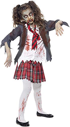 Smiffys-43025L Halloween Disfraz de Colegiala Zombi, con Falda de Cuadros Escoceses, Blazer, Falsa, Color Gris, L-Edad 10-12 años (Smiffy'S 43025L)