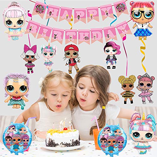 smileh LOL Surprise Muñeca Cumpleaños Decoracion LOL Globos Pancarta de Feliz Cumpleaños Remolinos Colgantes para Niñas Decoraciones de Fiesta