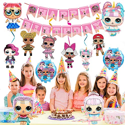 smileh LOL Surprise Muñeca Cumpleaños Decoracion LOL Globos Pancarta de Feliz Cumpleaños Remolinos Colgantes para Niñas Decoraciones de Fiesta