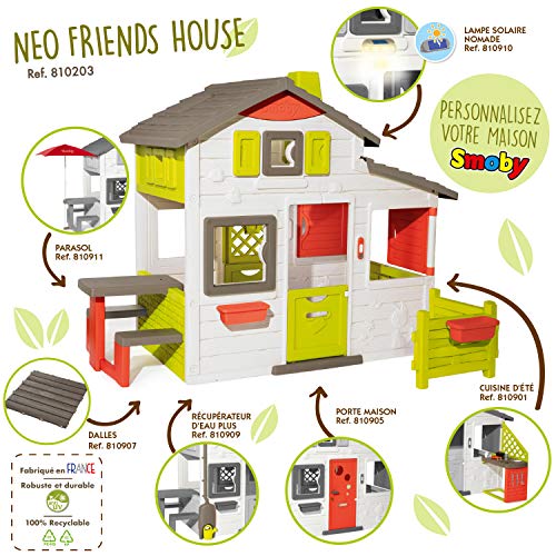 Smoby Casita Infantil Neo Friends House, 1,72 m de Altura, 2 Puertas de Entrada, Timbre Electrónico, Mesita Exterior, Posibilidad de Añadir Múltiples Accesorios, Para Niños a Partir de 3 Años (810203)