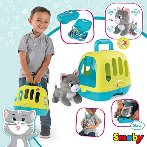 Smoby Maletín de Juego Veterinario 2 en 1 con Accesorios médicos y Caja de Transporte para Gatos, Incluye Gato de Tela, niños a Partir de 3 años, Color Turquesa/Verde. (7600340300)