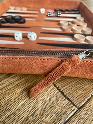 Sondergut - Backgammon - Backgammon de piel auténtica - Backgammon de viaje Deluxe - Juego de piel auténtica para enrollar - Incluye fichas y dados de madera