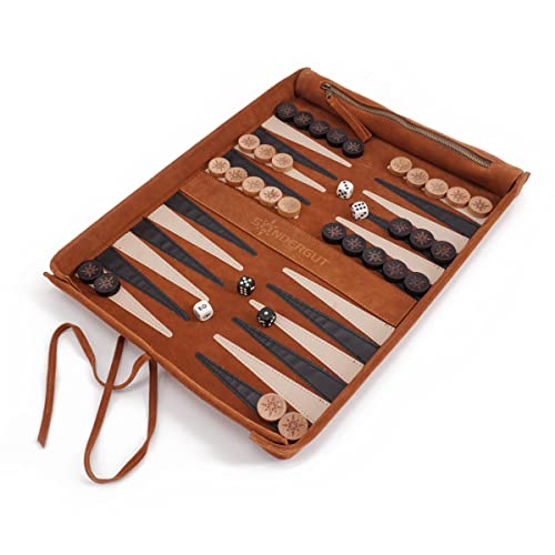 Sondergut - Backgammon - Backgammon de piel auténtica - Backgammon de viaje Deluxe - Juego de piel auténtica para enrollar - Incluye fichas y dados de madera