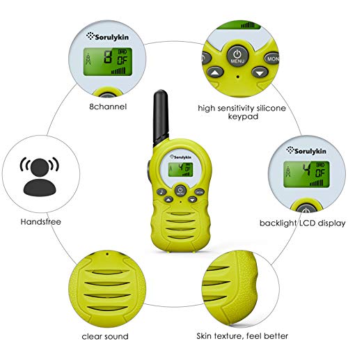 Sorulykin Walkie Talkies para niños de 8 canales, PMR 446MHZ sin licencia, hasta 3300 metros de alcance, interfono portátil, radio de 2 vías, equipo de aventura para acampar, caminar, juegos, 2 piezas