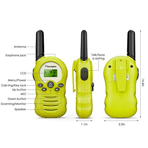 Sorulykin Walkie Talkies para niños de 8 canales, PMR 446MHZ sin licencia, hasta 3300 metros de alcance, interfono portátil, radio de 2 vías, equipo de aventura para acampar, caminar, juegos, 2 piezas