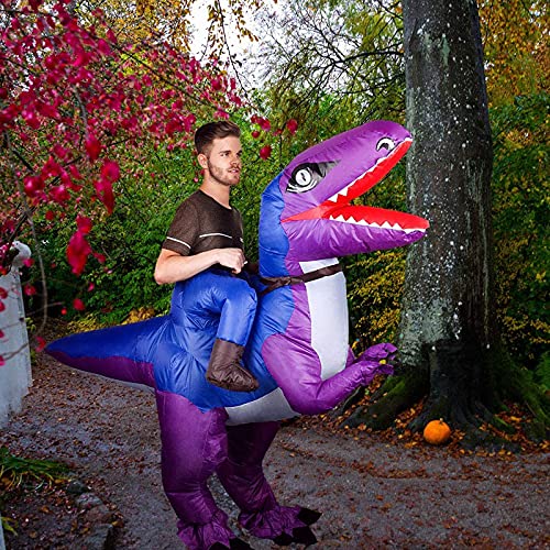 SOSPIRO Disfraz hinchable T-rex de dinosaurio Tyrannosaurus Rex divertido vestido mono con cable USB para Halloween, fiestas, cumpleaños, carnaval, adultos, mujeres, hombres, púrpura