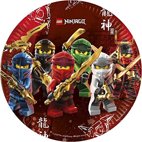 spielum Set de fiesta de 53 piezas de Lego Ninjago, platos, vasos, servilletas, banderines, bolsas de fiesta, pajitas de papel para 8 niños