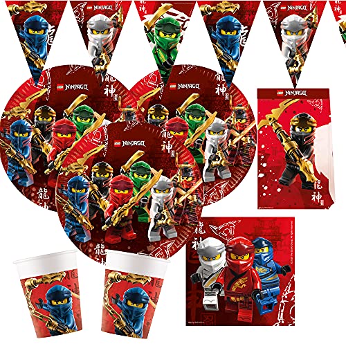 spielum Set de fiesta de 53 piezas de Lego Ninjago, platos, vasos, servilletas, banderines, bolsas de fiesta, pajitas de papel para 8 niños