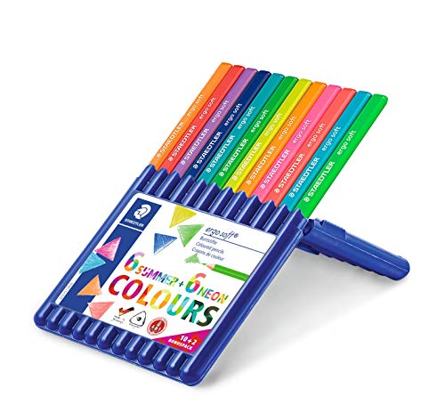 STAEDTLER ergosoft Lápices de colores (mayor resistencia a la rotura, formato triangular ergonómico, superficie suave), juego con 12 colores brillantes, colores neón y veraniegos