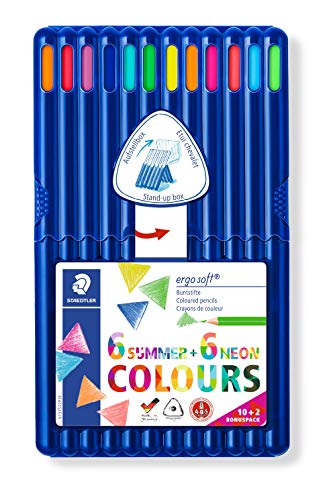 STAEDTLER ergosoft Lápices de colores (mayor resistencia a la rotura, formato triangular ergonómico, superficie suave), juego con 12 colores brillantes, colores neón y veraniegos