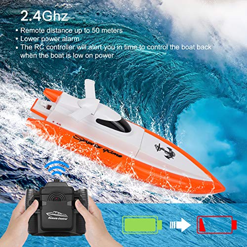 STOTOY Barco teledirigido con Velocidad 25 km/h, 49 MHz, Barca de Carreras electrónica de Alta Velocidad con Mando a Distancia y 2 baterías Recargables, Bote Exterior para Piscina y Lagos